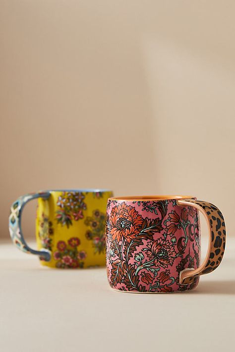 A vibrant botanical print ornaments this maximalist, hand-painted stoneware collection. | Jylin Mug by Anthropologie in Green, Size: MUG/CUP Boho Mugs Coffee Cups, Anthropologie Dishware, Cute Gifts For Women, Summer Mugs, Monogram Mugs, House Guest Gifts, Anthropologie Mugs, Kitchen Painting, Beautiful Ceramics