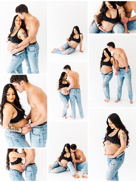 Couple Maternity Pictures Calvin Klein, Studio Maternity Shoot Calvin Klein, Diy Maternity Photos Studio, Maternity Partner Photography, Ck Maternity Shoot, Maternity Studio Photoshoot Outfits, Maternity Jeans Photoshoot Couple, Simple Cute Maternity Pictures, Maternity Photo Shoot Ideas White Backdrop