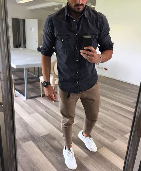 IF you want to appear as more masculine whear darker colours Brown Jeans Men, Grey Denim Shirt, White Tshirt Outfit, Black Denim Shirt, Jeans Outfit Men, Kids Clothing Brands, Popular Outfits, Tshirt Outfits, Grey Denim