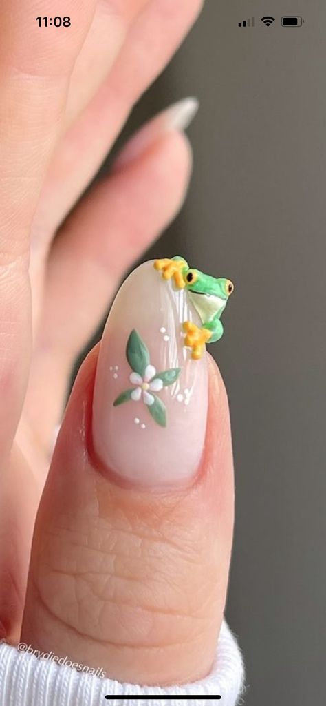 Frog Nail Art, Frog Nails, 3d Flower Nails, Funky Nail Art, Short Gel Nails, Painted Nails, Grunge Nails, Gem Nails, Art Nails