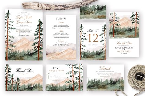 Mountain view wedding invitation suite is suitable for your wedding with nature or landscape theme. All objects are hand-painted watercolor on paper. There are Photoshop files with editable text. But if you don't Adobe Photoshop software, this pack includes backgrounds without text in JPG format. Also includes individual or separated elements so you can create your own background combination. #wedding #invitation #stationery #mountain #nature #forest #watercolor #landscape #print #digital #paper Postcard Font, Mountain View Wedding, Forest Wedding Invitation, Outdoor Wedding Invitations, Mountain Wedding Invitation, Rsvp Wording, Mountain View Weddings, Message Names, Woodland Wedding Invitations