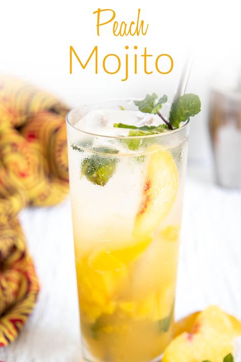 Made with sweet peaches, this Peach Mojito is light, fruity, and refreshing. It is the perfect summer drink. Peach Mojito, Ginger Mojito, Healthy Alcoholic Drinks, Mojito Ingredients, Perfect Summer Drink, Peach Puree, Mocktail Recipes, Vegan Lunch Recipes, Mojito Recipe