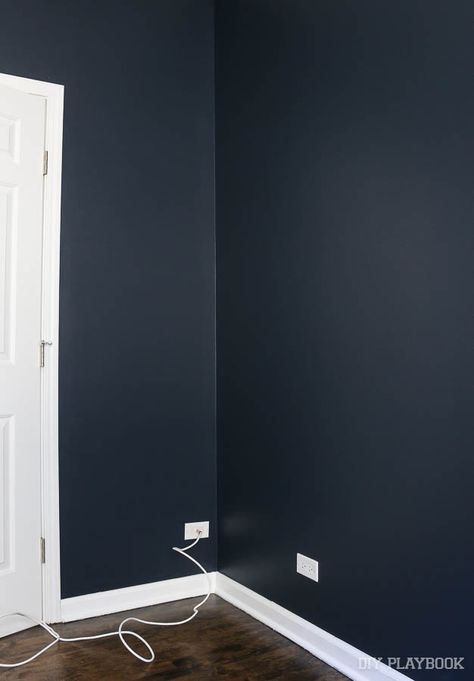 Our guest room is going dark & bold! Here's our painting tutorial so you can get the perfect dark coat of paint up on your walls. Game Room Wall Color, Dark Blue Wall Color, Dark Blue Painted Walls, Navy Paint Color, Navy Blue Bedroom Walls, Blue Room Paint, Dutch Licorice, Navy Painting, Blue Bedroom Paint