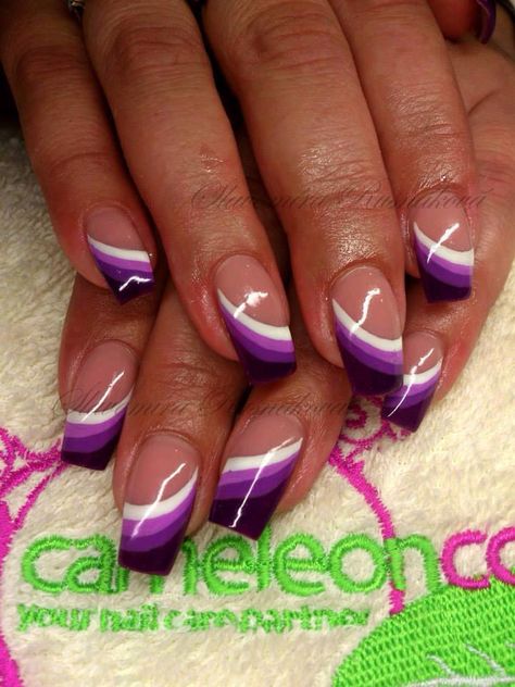 Purple, Lilac and white slant design Saved Nails Design, Valentines Day Nails Designs French Tip, Pink And White Nail Designs French, Purple Nail Art Designs French Tips, Violet French Nails, Different French Manicure Ideas, Purple Nail Art Designs, Unghie Sfumate, Nail Tip Designs