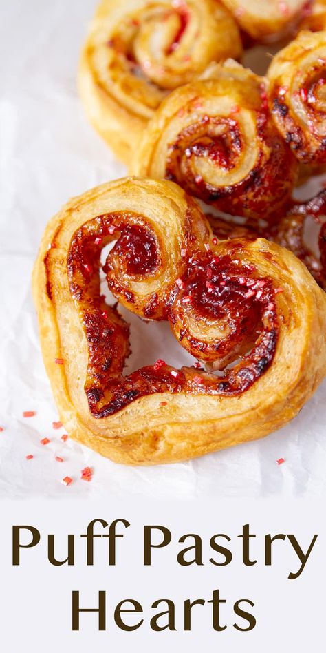 Puff Pastry Hearts Recipe, Pastry Hearts Recipe, Puff Pastry Hearts, Cookies With Raspberry Jam, Pastry Hearts, Puff Pastry Cookies, Puff Pastry Recipes Dessert, Savoury Tarts, Heart Shaped Cookie