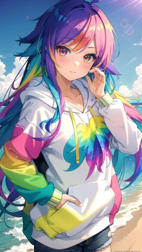 Summer Pfp, Rainbow Anime, Magic Academy, True Heart, Trans Art, Handy Wallpaper, Hair Illustration, Multi Colored Hair, Multicolored Hair