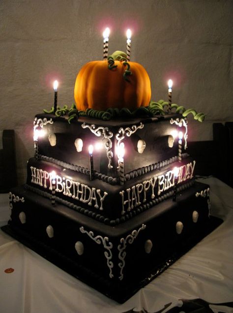 A Halloween 50th birthday party. I LOVED making this cake. The pumpkin was hand shaded using edible chalk. And yes, it's real cake - pumpkin with cream cheese. ;) Halloween Birthday Cakes For Adults, 50th Birthday Cake Ideas, 50th Birthday Cakes, Halloween Themed Birthday Party, Halloween Birthday Cakes, Birthday Pins, Dollar Store Halloween, Adult Birthday Cakes, 50th Birthday Cake