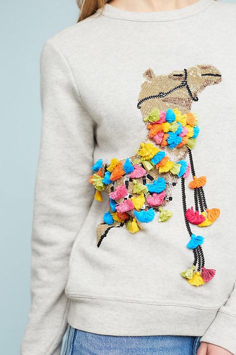 Embellished Camel Sweatshirt Floral Embroidery Designs, Clothes Upcycling, Fabric Painting On Clothes, Embellished Shirt, Pola Sulam, Print Ideas, Painted Clothes, Hand Embroidery Designs, Embroidery And Stitching