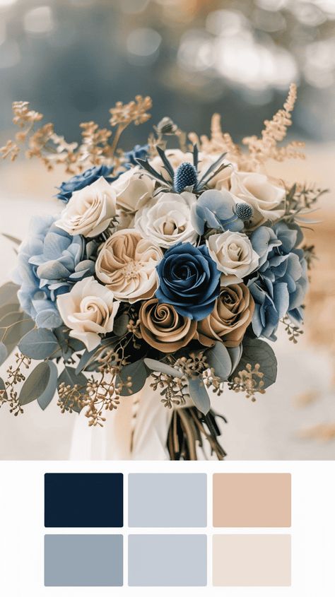 Navy Gold Silver Color Palette, Colours That Compliment Navy Blue, Wedding Themes For September, Color Themed Wedding Ideas, Fall Wedding Colors Blues, Fall Wedding Foliage, Navy Cream And Gold Wedding, Grey And Champagne Wedding Colors, November Blue Wedding