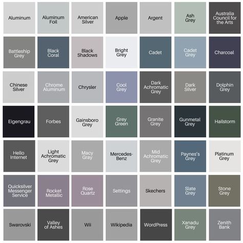 Shades Of Grey Color Palette, Colours That Compliment Grey, Dark Grey Palette, Colours That Go With Dark Grey, Cool Grey Color Palette, Grey Shades Palette, Dark Shades Colour Palettes, Grey Contrast Colors, Millenial Grey