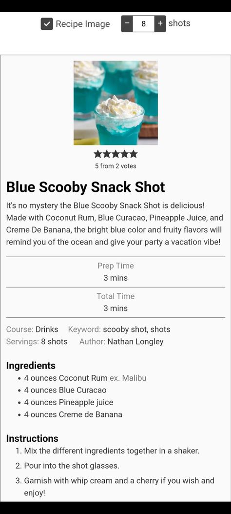 Scooby Snacks Jello Shots, Scooby Doo Drink Cocktails, Blue Scooby Snack Shot Recipes, Blue Scooby Snack Drink, Jello Shots Blue Curacao, Blue Curacao Shots, Scooby Snack Shot, Fruity Shots, Crazy B