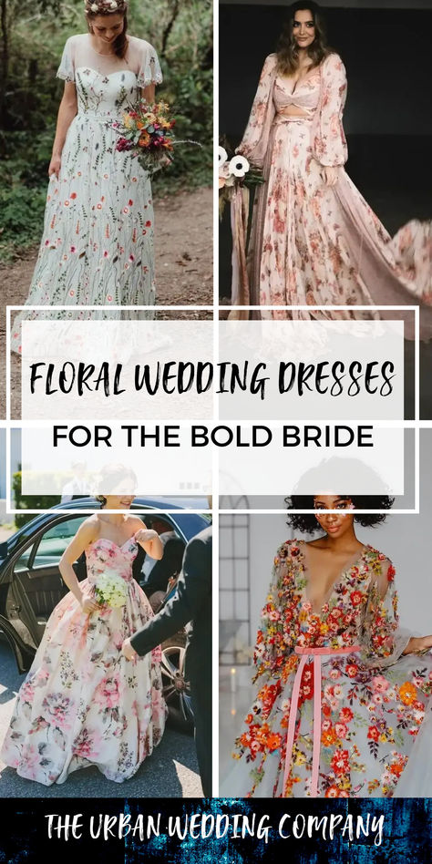 4 different floral wedding dresses Floral Embroidered Wedding Dress Boho, Wildflower Wedding Theme Dress, Bohemian Floral Wedding Dress, White Floral Wedding Dress Sleeve, Colorful Floral Embroidered Wedding Dress, Middle Age Wedding Dress, Romantic Floral Wedding Dress, Floral Detail Wedding Dress, Floral Colored Wedding Dress