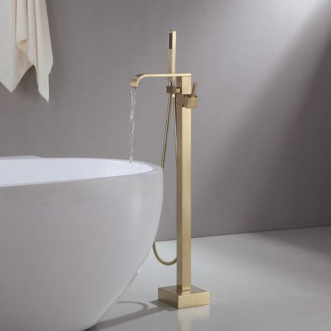 Dree Modern Floor Mounted Tub Filler Brass Single Handle Freestanding Bathtub Faucet with Handheld Shower Brushed Gold Gold Bathtub, Bathtub Faucets, Freestanding Bathtub Faucet, Luxury Bathtub, Bath Mixer Taps, Freestanding Tub Filler, Waterfall Faucet, Bath Mixer, Freestanding Bathtub