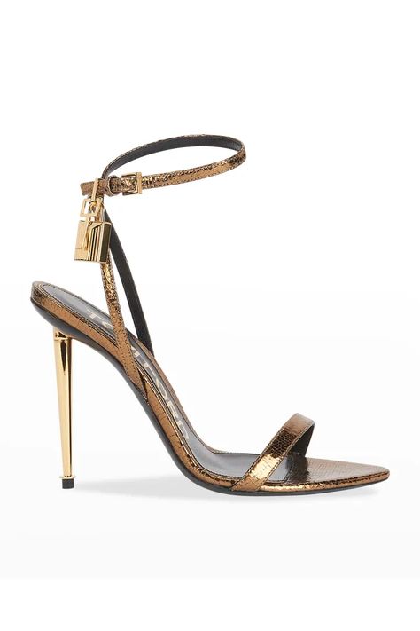 X539F TOM FORD 105mm Metallic Lizard-Print Lock High-Heel Sandals Sandle Heels, Tom Ford Heels, Tom Ford Shoes, Lizard Print, Heels Classy, Leather Heels Sandals, Stiletto Sandals, Carrie Bradshaw, Designer Heels