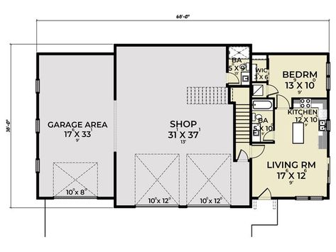 Small Living Quarters In Shop, Living Quarters In Shop, Shop With Small Living Quarters, Barndo Garage, Garage Door Sizes, Garage Outdoor, Carriage House Plans, Pool House Plans, Metal Garages