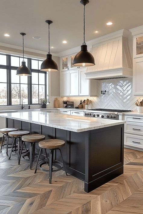 White Kitchen Black Accents, Kitchen Black Accents, Modern House Kitchen Design, Big White Kitchen, Kitchen Big Island, Modern Farm Kitchen, Tuscan Kitchen Design, Kitchen Big, The Olive Branch