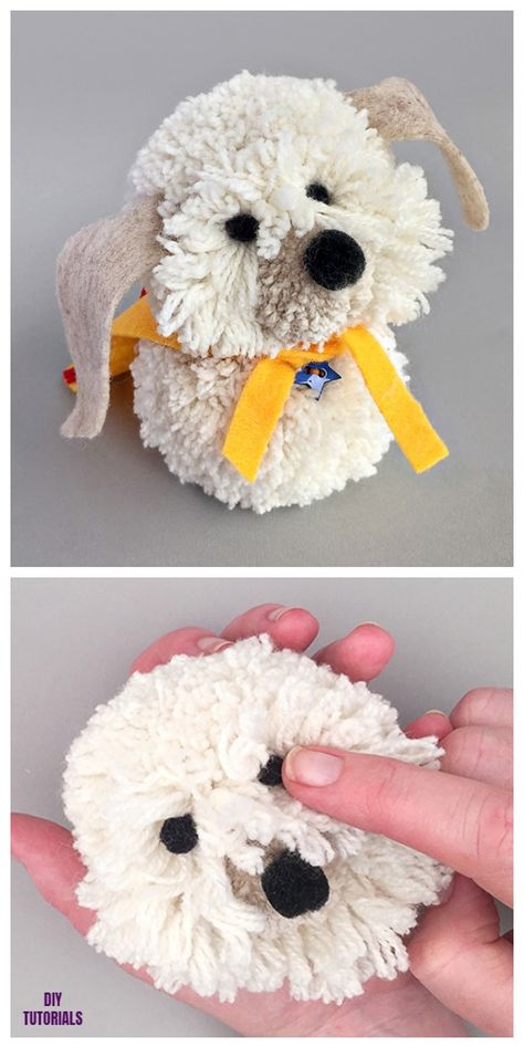 DIY Shaggy Pom Pom Dog Tutorial Pom Pom Toys, Yarn Animals Diy, Yarn Dogs Diy, Pom Pom Critters, Dog Crafts For Kids, Dog Tutorial, Yarn Animals, Pom Pom Bunnies, Pom Pom Animals