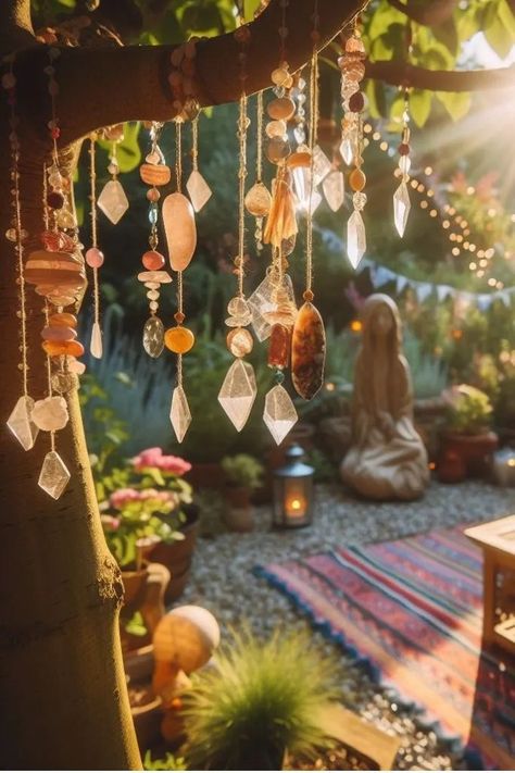 Boho Yoga Room Meditation Space, Whimsical Bohemian Style, Whimsical Porch Ideas, Magical Patio Ideas, Zen Patio Ideas Meditation Space, Oasis Garden Ideas, Zen Garden Room, Outdoor Fairy Garden Diy Landscapes, Outdoor Zen Garden Diy