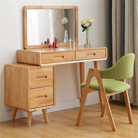 Vanity Furniture Bedroom, Vanity Wood Makeup, Minimalist Bedroom Wood Furniture, Wood Makeup Desk, Natural Wood Makeup Vanity, Wood Bedroom Vanity, Makeup Table Wood, Cute Desk Chair Aesthetic, Mid Century Modern Makeup Vanity