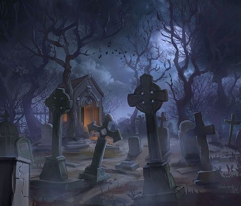 Graveyard Painting, Graveyard Tattoo, Halloween Graveyard, Spooky Places, Heroic Fantasy, Cemetery Art, Halloween Artwork, Halloween Painting, Halloween Images