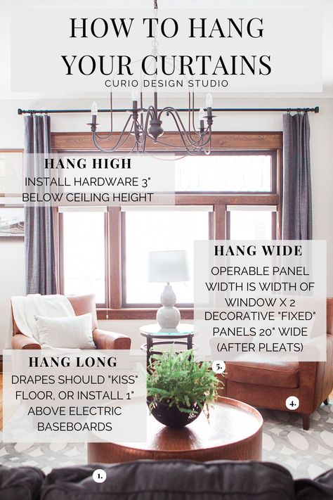 So many people get confused when putting up window coverings. That’s a problem we can solve if you remember our 3 simple rules. #curtains #hangcurtains #howtohangcurtains #interiordesign #design #curiodesign Curtain Rules Interior Design, Curtain Length Guide, Antique Bookshelf, Brown Curtains, Curtain Hanging, Long Drapes, Elegant Lighting Fixtures, Home Together, Perfect Paint Color