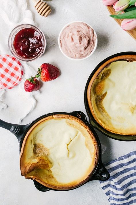 Single Serving Dutch Baby Pancakes with Strawberry Mascarpone - A Cookie Named Desire Mini Dutch Baby, Baked Pancake Recipe, Dutch Baby Pancakes, Strawberry Mascarpone, Dutch Babies, Dutch Cuisine, Strawberry Overnight Oats, Dutch Baby Recipe, Baby Pancakes