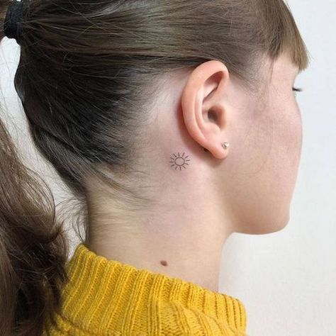 Sun Tattoo Behind The Ear, Behind The Ear Sun Tattoo, Sun Ear Tattoo, Sun Behind Ear Tattoo, Sun Tattoo Behind Ear, Behind The Ear Tattoos, Tattoo Sonne, Matching Friend Tattoos, Ear Tattoos