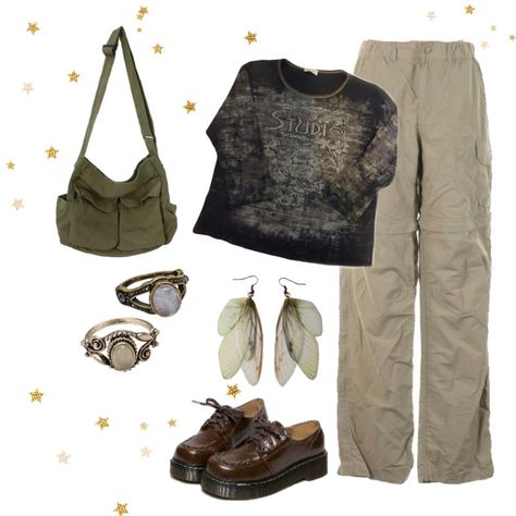 clothes fairycore moodboard vintage y2k aesthetic docs oxford docmartens messenger bag style cargo pants crystal rings jewlery Cargo Messenger Bag, Fairycore Moodboard, Messenger Bag Aesthetic, Vintage Y2k Aesthetic, Brown Messenger Bag, Style Cargo Pants, Unfortunate Events, Bag Aesthetic, A Series Of Unfortunate Events