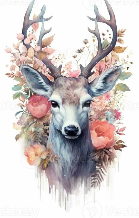 there is a deer with antlers and flowers on its head. generative ai. Antlers And Flowers, Deer With Antlers, Deer Tattoo, Deer Painting, Vector Food, A Deer, Deer Antlers, Tattoo Inspo, Antlers