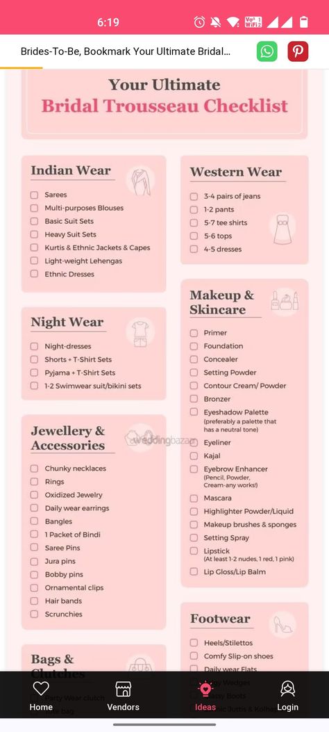 Wedding Essentials Checklist, Bride Checklist, Wedding Planning Checklist Detailed, Wedding Preparation Checklist, Bridal Trousseau, Wedding Trousseau, Preparing For Marriage, Long Dress Design, Planning Checklist