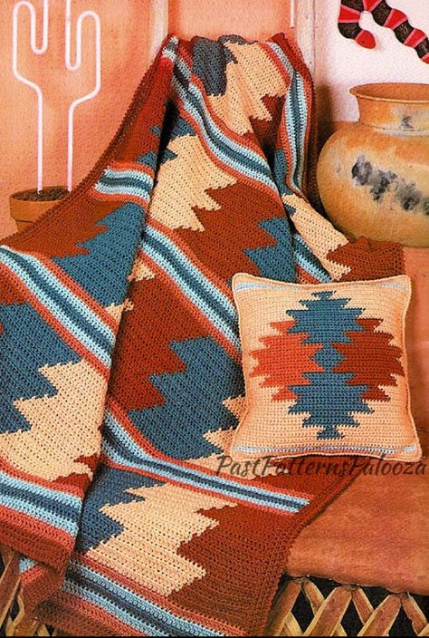 Crochet Pattern Native American Afghan and Pillows with Geometric and Bold Designs Native American Crochet Patterns, Vintage Crochet Afghan, Motifs Afghans, Indian Blankets, Indian Pottery, Vintage Crochet Patterns, Mosaic Crochet, Vintage Crochet Pattern, Crochet Vintage