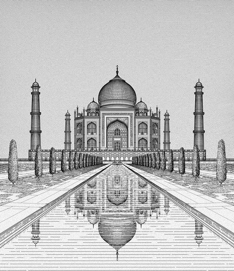 The Taj, Agra on Behance One Point Perspective Drawing Landscapes, Drawing Ideas Buildings, Taj Mahal Sketch, Taj Mahal Drawing, One Point Perspective Drawing, 1 Point Perspective Drawing, Taj Mahal Art, Landscape Pencil Drawings, Architecture Drawing Sketchbooks