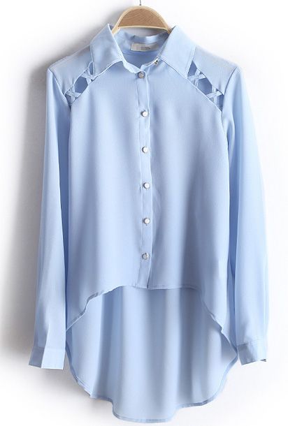 Shop Light Blue Long Sleeve Hollow Dipped Hem Chiffon Blouse online. SheIn offers Light Blue Long Sleeve Hollow Dipped Hem Chiffon Blouse & more to fit your fashionable needs. Tunik Linen, Áo Blu, Detail Couture, Light Blue Long Sleeve, Light Blue Blouse, Blue Long Sleeve, Chiffon Blouse, Kurti Designs, Chiffon Top