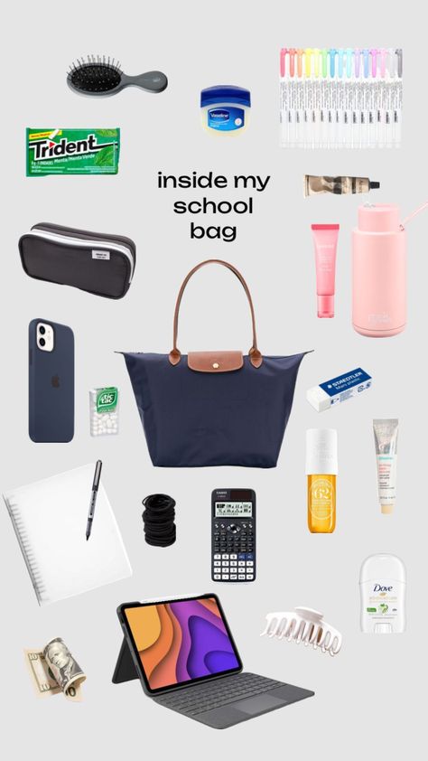 inside my longchamp🐎 || #schoolinspo Whats In My Longchamp, Longchamp Aesthetic, Work Bag Essentials, Everyday Bag Essentials, Uni Bag, What's In My Purse, School Bag Essentials, High School Survival, Packing Essentials