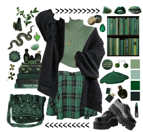 Green Gothic Aesthetic Outfit, Dark Academia Aesthetic Green Outfit, Emerald Green Clothes Aesthetic, Black And Green Aesthetic Outfit, Black And Dark Green Outfit, Buttercup Outfit Ideas, Dark Academia Green Outfit, Dark Green Turtleneck Outfit, Slithering Outfits