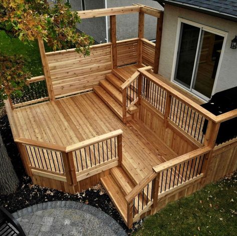 Wood Deck Options - Wood Decks in Winnipeg, Manitoba Deck Ideas Small Backyard, Elevated Back Deck Ideas, Cedar Deck Ideas, High Decks Backyard, Small Back Deck Ideas, Small Decks And Patios, Split Level Deck Ideas, Two Tier Deck Ideas, 2 Tier Deck Ideas