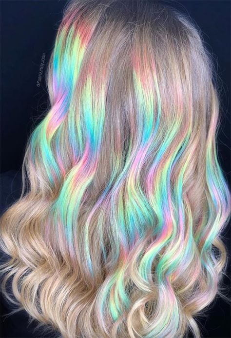 53 Magical Holographic Hair Color Ideas to Embrace the Pastel Rainbow Halo Hair Colors, Highlights 2024, Fantasy Hair Color, Unicorn Hair Color, Holographic Hair, Rainbow Hair Color, Cute Hair Colors, Pastel Grunge, Rainbow Pastel