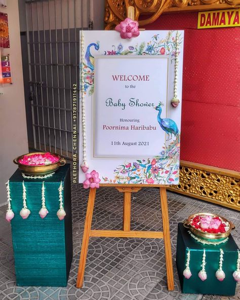 Seemantham Entrance Board, Housewarming Welcome Board Indian, Seemantham Welcome Board, Mehandi Welcome Board, Baby Shower Entry Ideas, Seemantha Decoration, Easel Stand Wedding, Housewarming Welcome Board, Engagement Decorations Indian