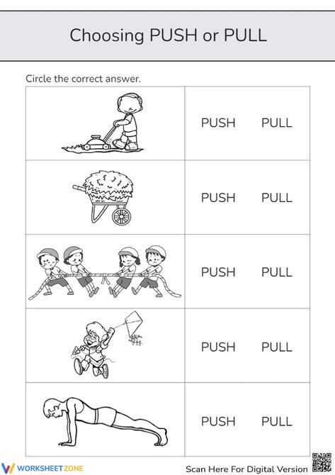 Identifying each picture is describing the push or pull force then circling the word next to. This worksheet will push your children to physics's interest. Let's check it out! #pushpullworksheet #pushandpull #pushorpull #science #worksheets #forces #push #pull #printables #kidsactivities #pushandpullforcesworksheet #scienceactivities #pushandpullactivities #choosing #identifying Push And Pull Anchor Chart Kindergarten, Push And Pull Worksheets, Push And Pull Activities 2nd Grade, Push And Pull Experiments, Force Push And Pull, Push And Pull Forces Experiments, Push Pull Science Kindergarten, Pushes And Pulls Kindergarten, Science Anchor Charts