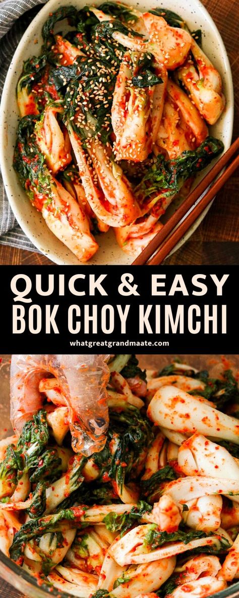 This delicious, spicy, tangy baby bok choy kimchi is so quick to make with no fermentation required! It's Whole30 and vegan-friendly, and it's an easy bachan when you need something right away. Homemade Kimchi Recipes, Pak Choy Recipe, Quick Kimchi Recipe, Kimchi Recipe Ideas Dinners, Asian Fermented Foods, What To Eat Kimchi With, Easy Vegan Kimchi Recipe, Baby Bock Choy Recipes, Baby Bock Choy Recipe