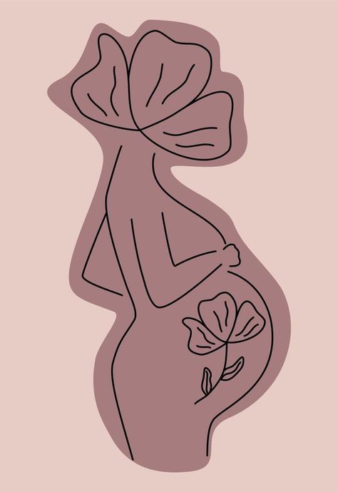 Drawing Of A Pregnant Woman, Pregnant Illustration Art, Pregnant Woman Sketch, Pregnant Illustration, Woman With Flower Head, Beauty Vector, Head Abstract, Line Art Style, Pregnancy Art