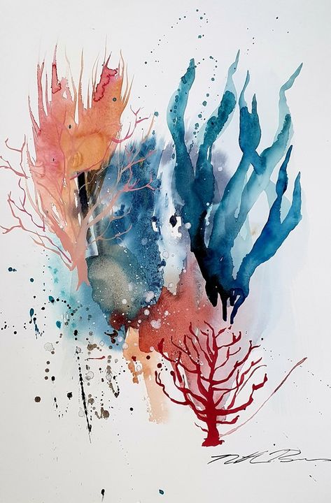 Manyung Gallery Group Natasha Barnes Blue Coral IV Art Room Illustration, Watercolour Coral, Coral Illustration, Coral Artwork, Coral Painting, Coral Reef Art, Room Illustration, Beach House Coastal, Coral And Blue