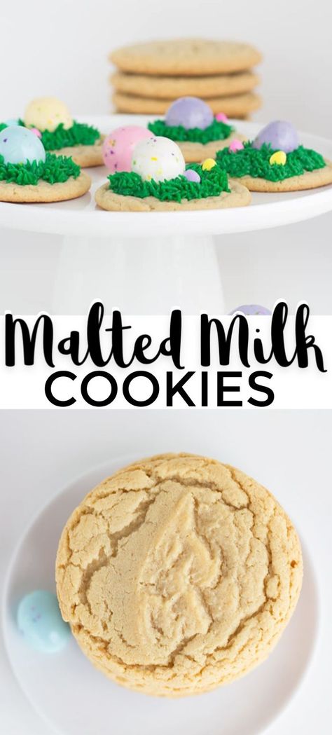 Malted Milk Cookies - this malted milk cookies recipe is the perfect Easter cookie. You can add green frosting grass, malted milk ball eggs, and festive sprinkles. The best part is that they're equally delicious without the frosting and Easter decorations!  #cookies #cookiedoughandovenmitt #dessertfoodrecipes #dessertrecipes #dessertable #cookiesofinstagram Dairy Ladder, Malted Milk Cookies, Milk Cookies Recipe, Green Frosting, Sugary Treats, Malted Milk Balls, Pizza Rustica, Easter Cookie, Easter Desserts Recipes