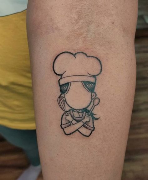 Chef Tattoo. Apron Tattoo Ideas, Food Matching Tattoos, Small Chef Tattoos, Pastry Chef Tattoo Ideas, Cooking Tattoo Ideas For Women, Female Chef Tattoo, Pastry Chef Tattoo, Chef Tattoo Ideas Female, Chef Tattoo Design