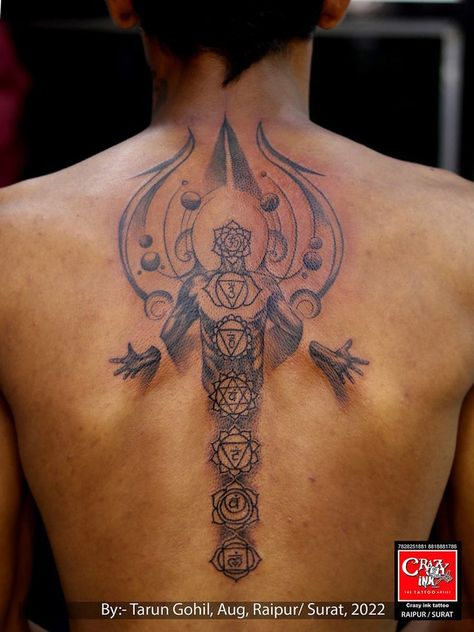 Pin description Ardhnarishwar Tattoo Design, Seven Chakras Tattoo Design, Trishul Back Tattoo, Chakra Tattoo Back, Back Chakra Tattoo, Raavan Tattoo, Chakras Back Tattoo, Shiv Tattoo For Men, Om Chakra Tattoo