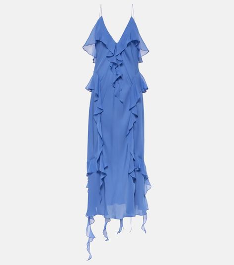 Pim ruffled silk georgette slip dress in blue - Khaite | Mytheresa Zimmerman Dress, Alexander Mcqueen Clothing, Blue Iris, Bridal Bag, Red Accessories, Jennifer Fisher, Scarf Hairstyles, Dream Dress, Dress Blue