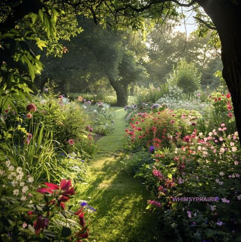 Big Cottage Garden, Large Field Landscaping Ideas, Aesthetic Flower Gardens, House In Flower Field, Pretty Backyard Garden, Victorian Garden Aesthetic, Front Yard Aesthetic, Magical Garden Fairytale, Big Garden Ideas