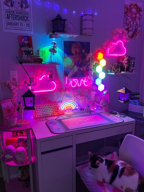 Rainbow Pc Setup, Rainbow Gaming Setup, Rainbow Games, Neon Bedroom, Video Game Room Design, Neon Room, Pastel Room, Gaming Room Setup, Cute Bedroom Decor