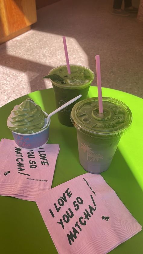 Cha Cha Matcha Aesthetic, Green Vitamins, Matcha Moodboard, Cha Cha Matcha Nyc, Matcha Business, Ice Cream Drink, Coffee Captions Instagram, Aesthetic Ice Cream, Matcha Bars