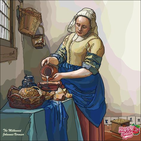 Dutch Painter, Johannes Vermeer - Dutch: Het Melkmeisje, English translation: The Milkmaid; aka - The Kitchen Maid (1657-1658, styles used: Realism & Illusionism, during the Dutch Golden Age) The Milkmaid, Kitchen Maid, Greyhound Art, Zen Colors, Dress Painting, Dutch Golden Age, Pen Art Drawings, Paisley Art, Colouring Pics